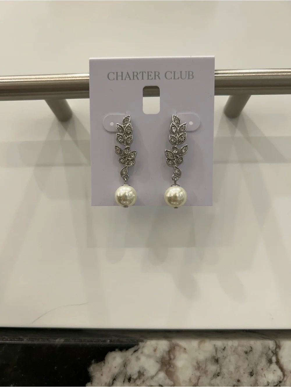 Charter Club Silver Leaf and Pearl Drop Earrings - Cream Pearls